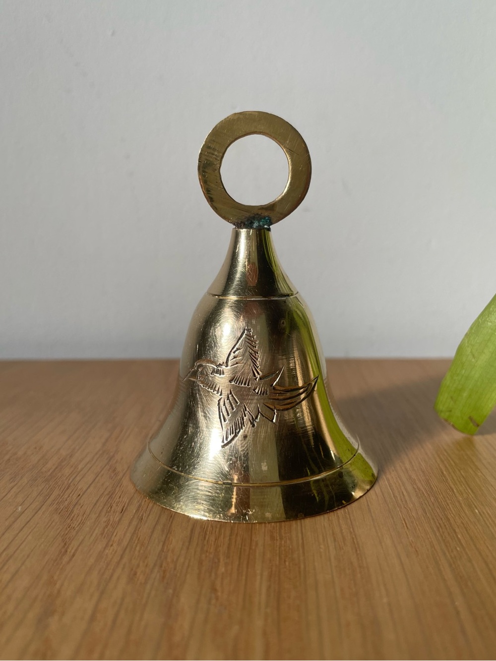 Vintage 1970s Solid Brass Hand Bell Etched Hummingbird Bird Made in India 3”